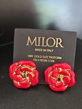 Milor Red and 14Kt Gold Floral Earrings